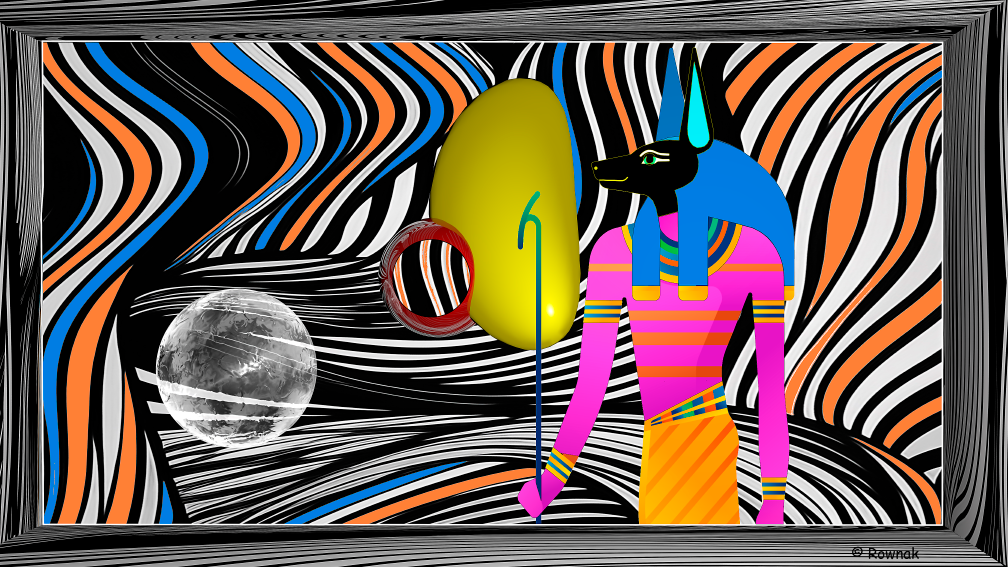 image of egyptian god conttimplating his world is a colorfl arrangement of space and color. Digital art creation of Richard Rownak